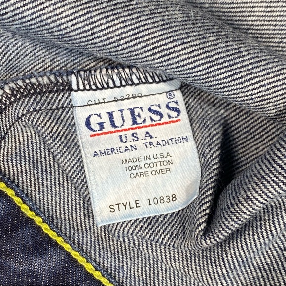 Guess Vintage 90’s Dark Denim Jacket w/ Neon Yellow Stitching size M - Picture 16 of 16
